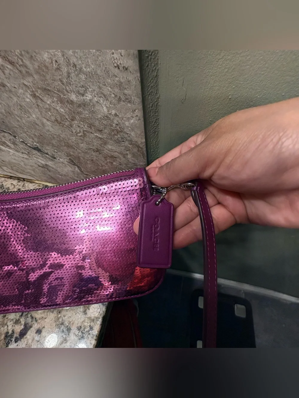Coach Purple Sequin Shoulder Bag with Heart cell phone Charm Key Fob
